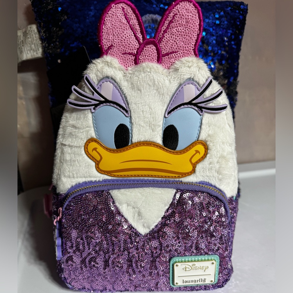 NWT New Loungefly Disney Daisy Duck 85th Anniversary Sequins Fuzzy Mini Backpack